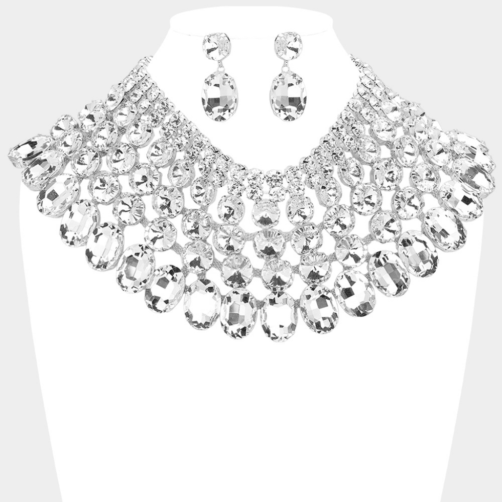 Silver Clear Crystal Glass Bib Statement Necklace Set Cute
